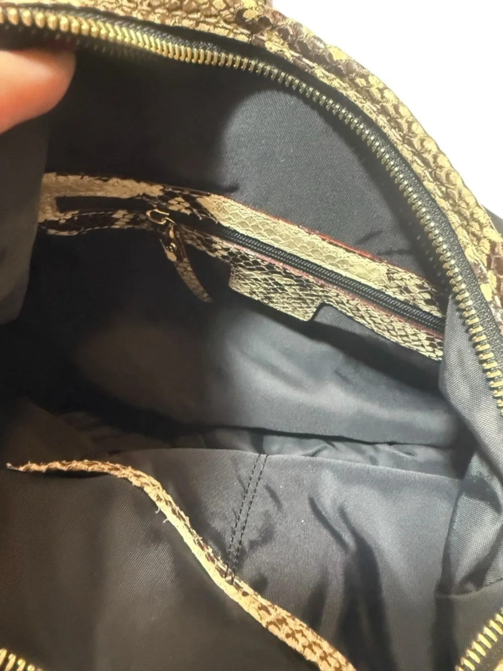 Kate Spade Nylon Black Hobo Shoulder Bag with Gold Snake-Print Trim